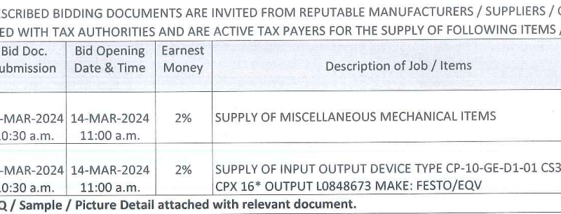 Tender for Supply of Misc. Items