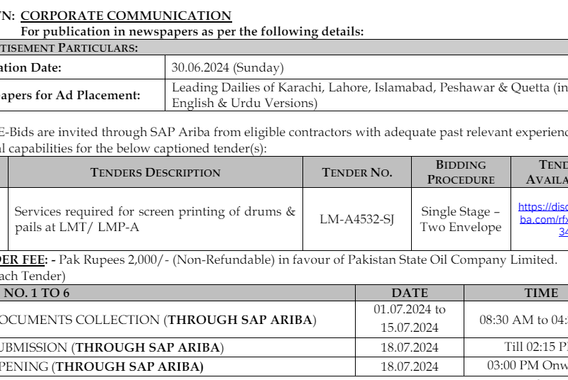 Services required for screen printing of drums & pails at LMT/ LMP-A