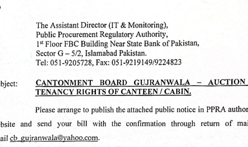 Cantonment Board Gujranwala - Auction of Tenancy Rights of Canteen/Cabin