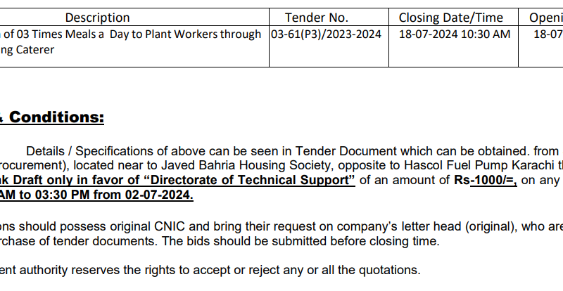 Provision of 03 Times Meals a Day to Plant Workers through the Outsourcing Caterer