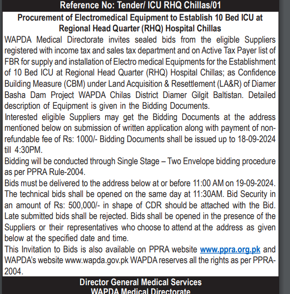 PROCUREMENT OF ELECTROMEDICAL EQUIPMENT AT DGMS WAPDA MEDICAL DIRECTORATE LAHORE