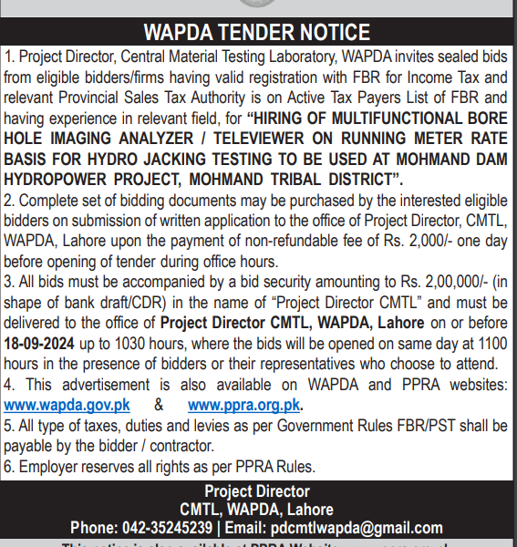 HIRING OF MULTIFUNCTIONAL BORE HOLE IMAGING ANALYZER / TELEVIEWER