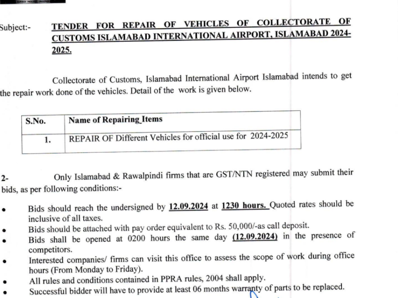 REPAIR OF VEHICLES OF COLLECTORATE OF CUSTOMS ISLAMABAD INTERNATIONAL AIRPORT