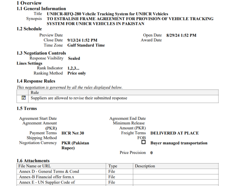 SUPPLY, INSTALLATION AND OPERATION OF VEHICLE TRACKING SYSTEM FOR UNHCR VEHICLES IN PAKISTAN