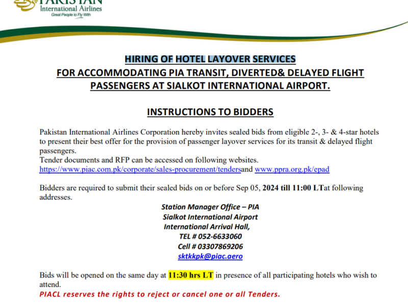 HIRING OF HOTEL LAYOVER SERVICES FOR ACCOMMODATING PIA TRANSIT, DIVERTED& DELAYED FLIGHT PASSENGERS