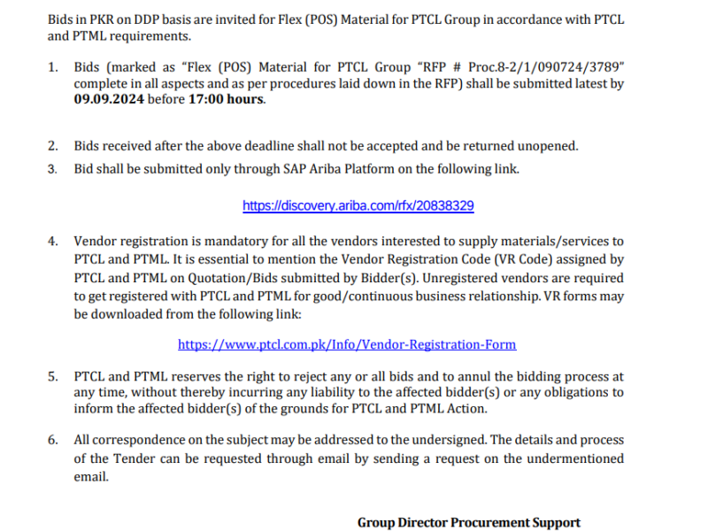 Supply of FLEX (POS)MATERIAL FOR PTCL GROUP