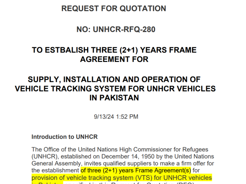 SUPPLY, INSTALLATION AND OPERATION OF VEHICLE TRACKING SYSTEM FOR UNHCR VEHICLES IN PAKISTAN