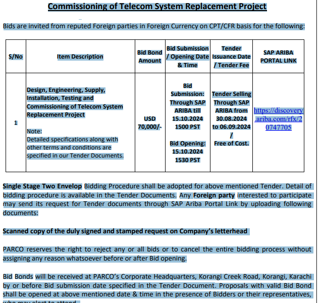 Design, Engineering, Supply, Installation, Testing and Commissioning of Telecom System Replacement