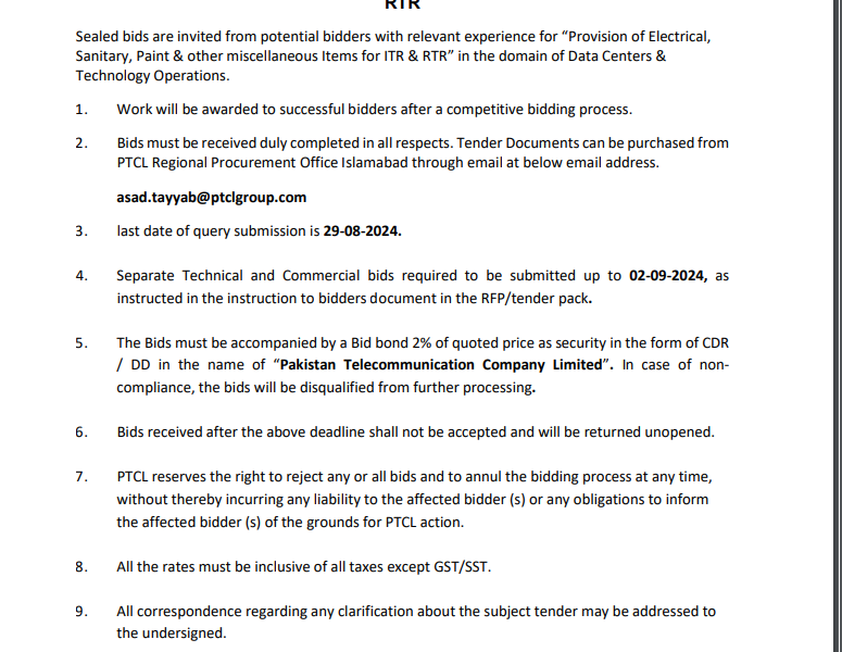 Provision of Electrical, Sanitary, Paint & other miscellaneous Items for ITR & RTR