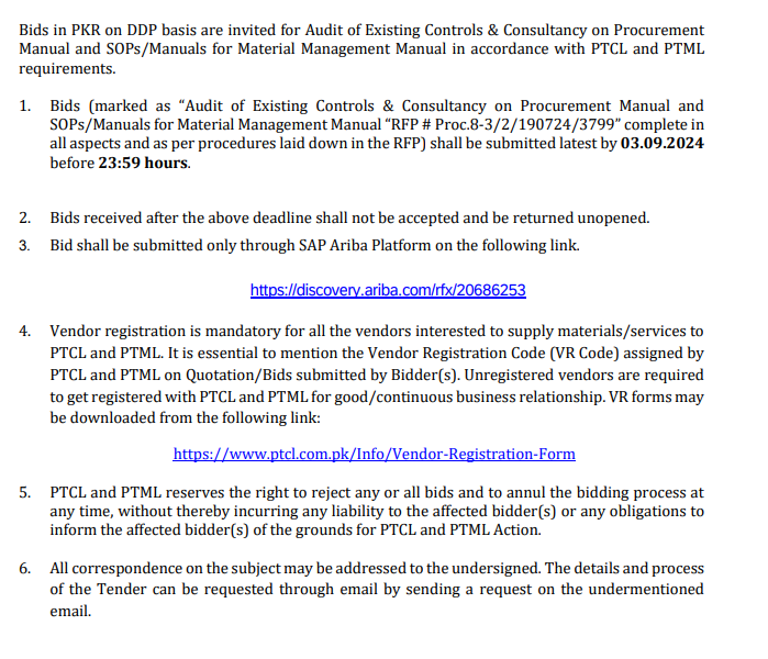 AUDIT OF EXISTING CONTROLS & CONSULTANCY ON PROCUREMENT MANUAL AND SOPS/MANUALS FOR MATERIAL MANAGEMENT MANUAL