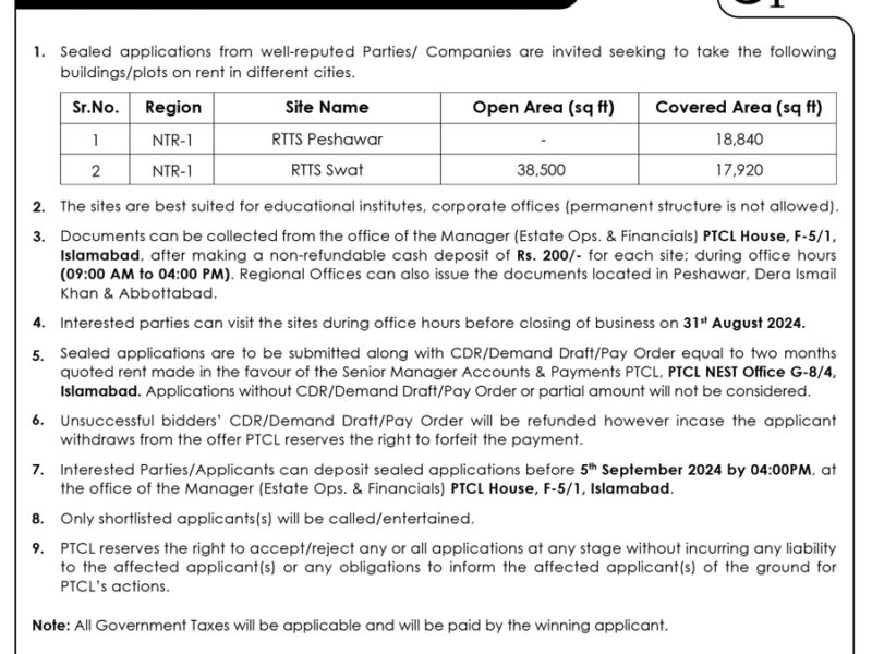 Sealed applications from well-reputed Parties/ Companies are invited seeking to take the following buildings/plots on rent